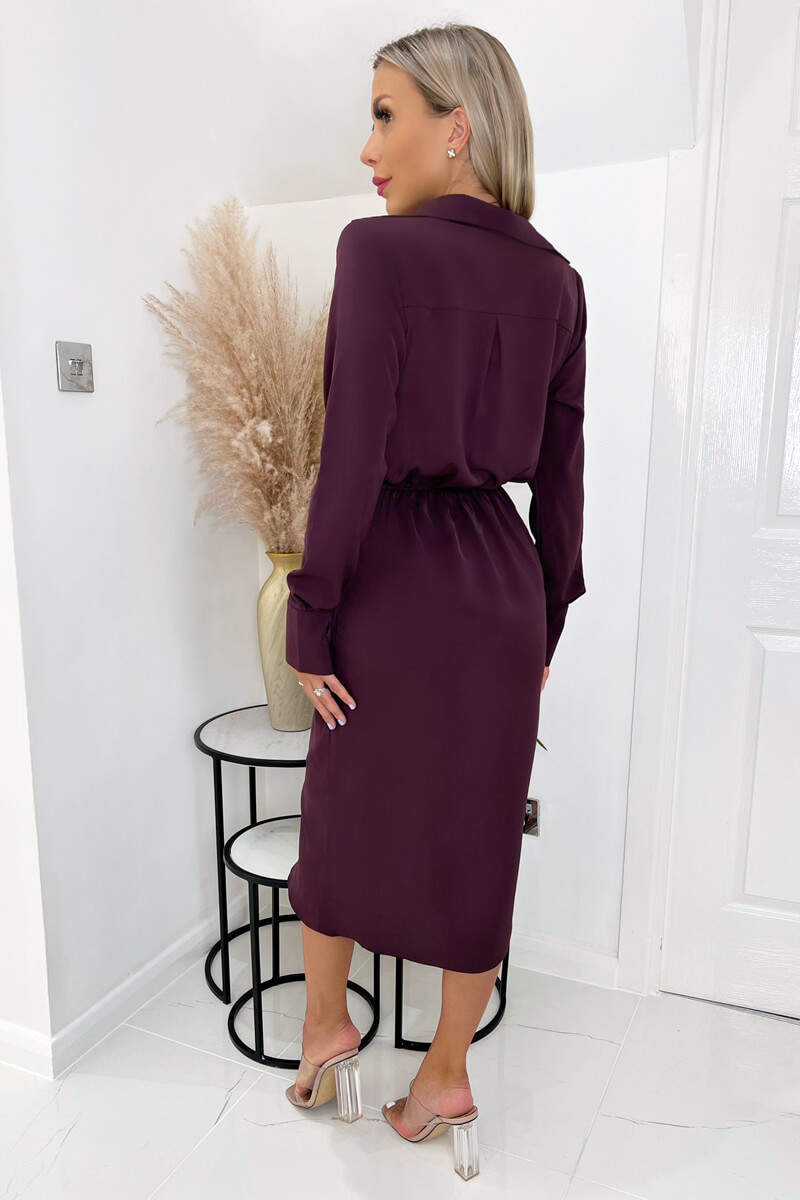 Plum Long Sleeve Midi Dress With Shoulder Pads