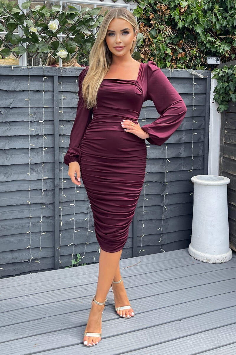 Plum Square Neck Ruched Long Sleeve Midi Dress