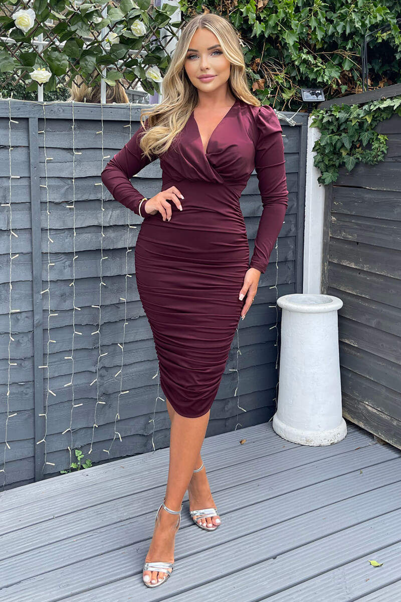 Plum Ruched Long Sleeve Cross Front Midi Dress – AX Paris US