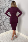 Plum Ruched Long Sleeve Cross Front Midi Dress