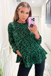 Green And Black Animal Print Long Sleeve Smock Top