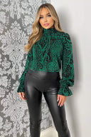 Green Printed Elasticated High Neck Long Sleeve Top