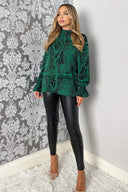 Green Printed Elasticated High Neck Long Sleeve Top