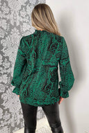 Green Printed Elasticated High Neck Long Sleeve Top