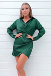 Green Satin Wrap Shirt Dress