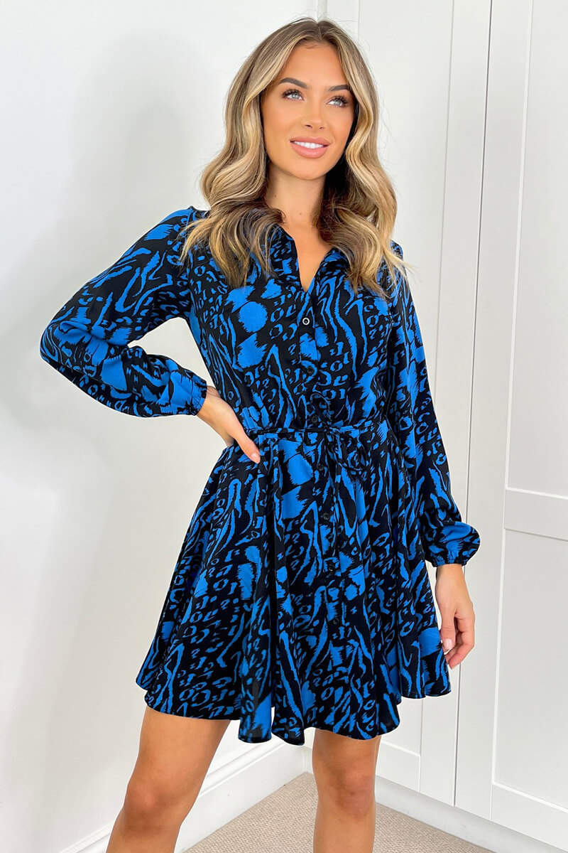 Blue and Black Printed Tie Waist Shirt Dress