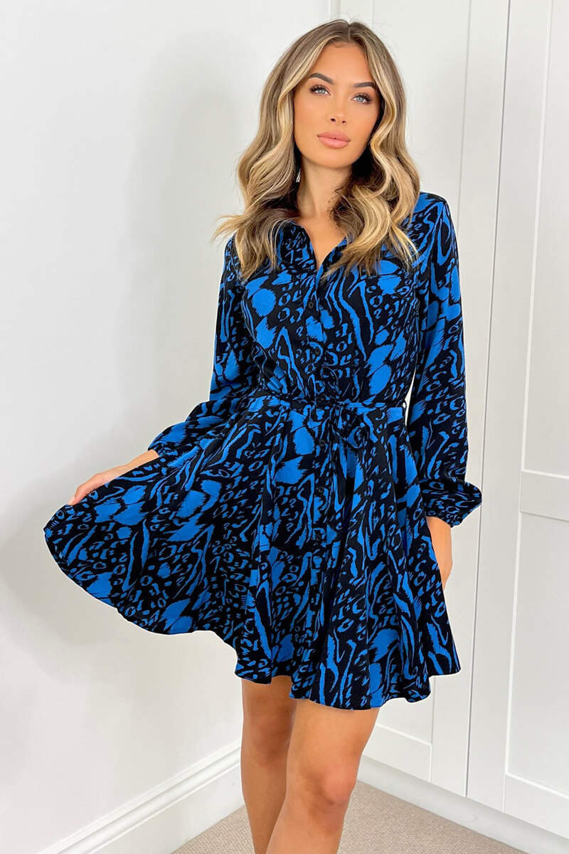 Blue and Black Printed Tie Waist Shirt Dress