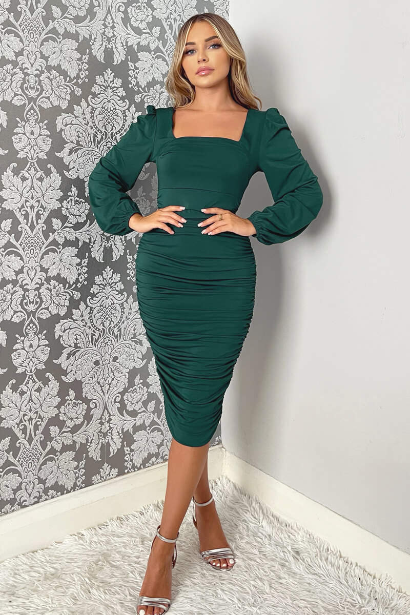 Teal Square Neck Ruched Long Sleeve Midi Dress AX Paris US Teal Square Neck Ruched Long Sleeve Midi Dress AX Paris US