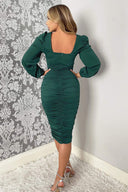 Teal Square Neck Ruched Long Sleeve Midi Dress