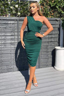 Teal Shoulder Ruched Bodycon Midi Dress