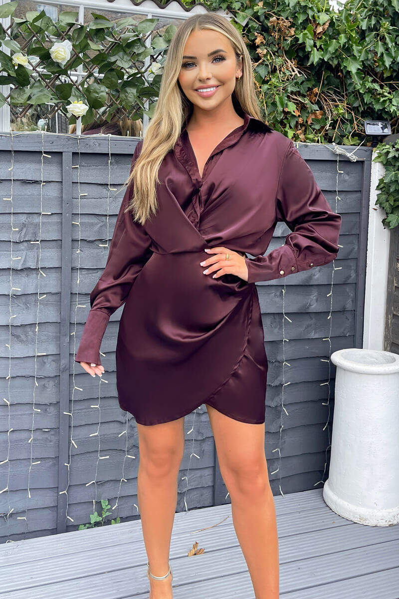 Plum Satin Wrap Shirt Dress