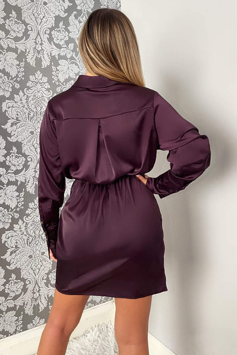 Plum Satin Wrap Shirt Dress