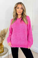 Hot Pink Soft Knit Round Neck Long Balloon Sleeve Knitted Jumper