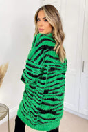 Green And Black Fluffy Knit Long Sleeve Animal Print Cardigan