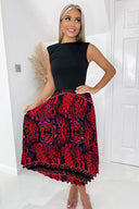 Black And Red Printed 2 in 1 Pleated Skirt Midi Dress