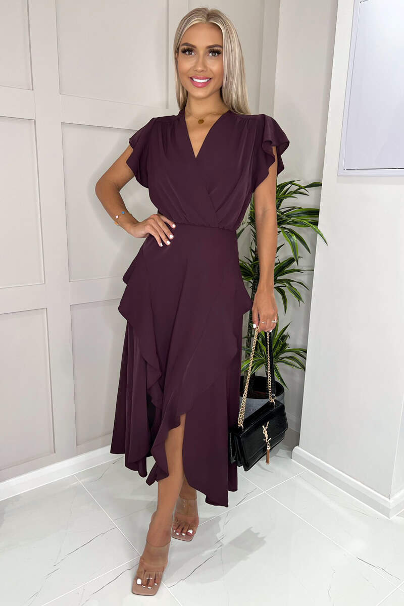 Plum Frill Detail Double Split Skirt Midi Dress