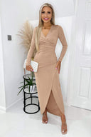 Stone Long Sleeve Wrap Over Maxi Dress