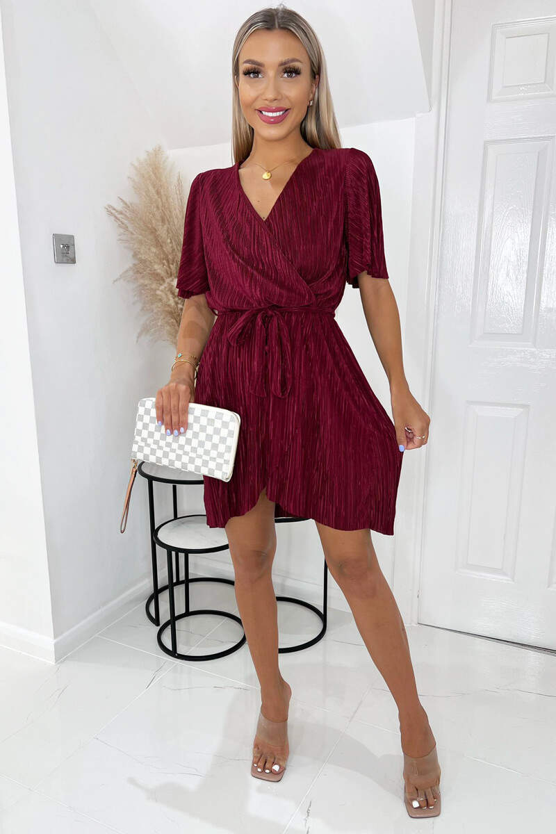 Wine Wrap Top Belted Short Sleeve Plisse Mini Dress