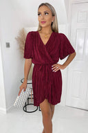 Wine Wrap Top Belted Short Sleeve Plisse Mini Dress