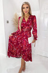 Wine Printed Long Sleeve Wrap Midi Dress With Belt