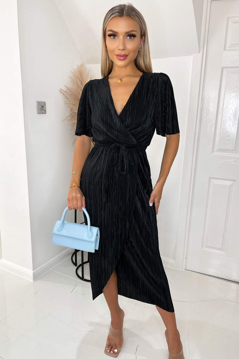 black wrap dress Black Wrap Top Belted Short Sleeve Plisse Midi Dress – AX Paris US