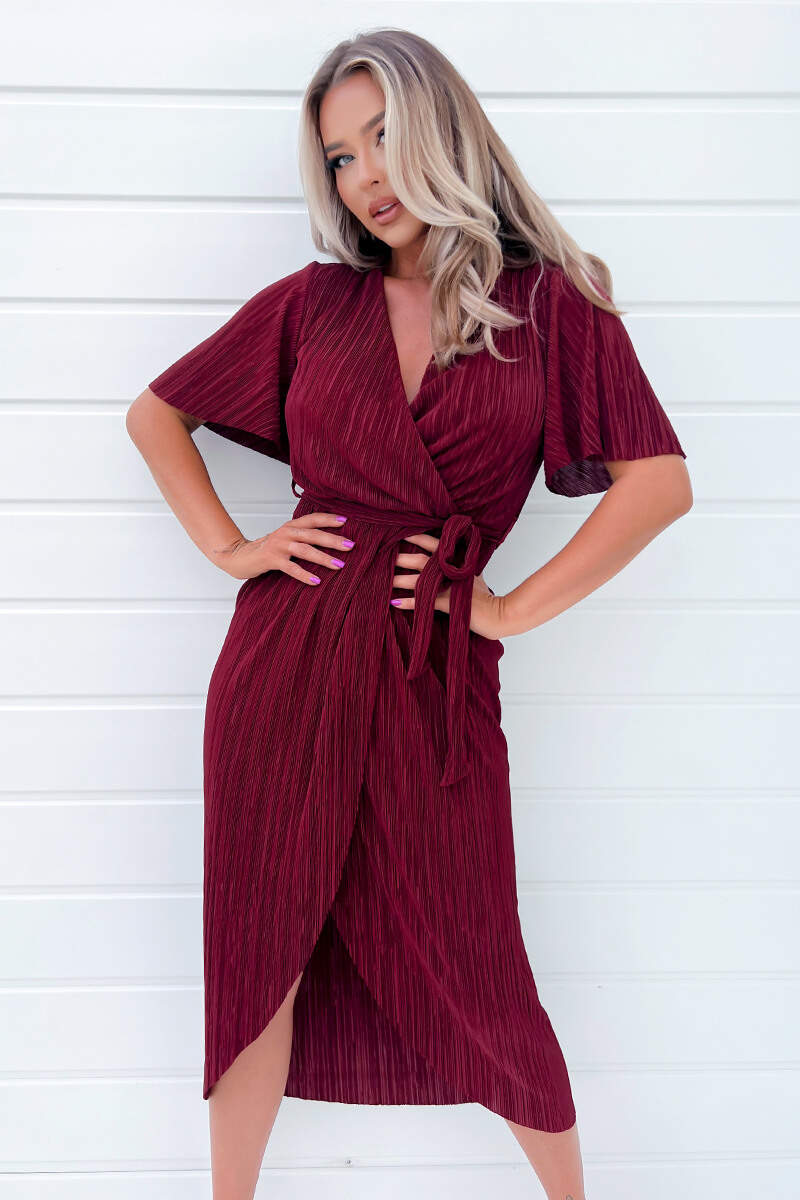 Wine Wrap Top Belted Short Sleeve Plisse Midi Dress