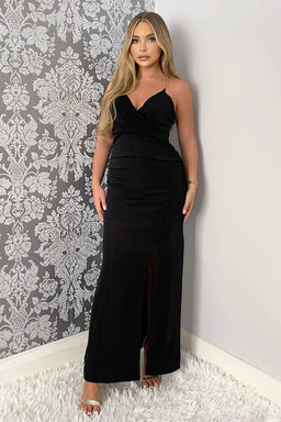 Black Wrap Top Ruched Side Chain Strap Midi Dress