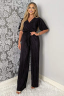 Black Plisse Wrap Top Jumpsuit