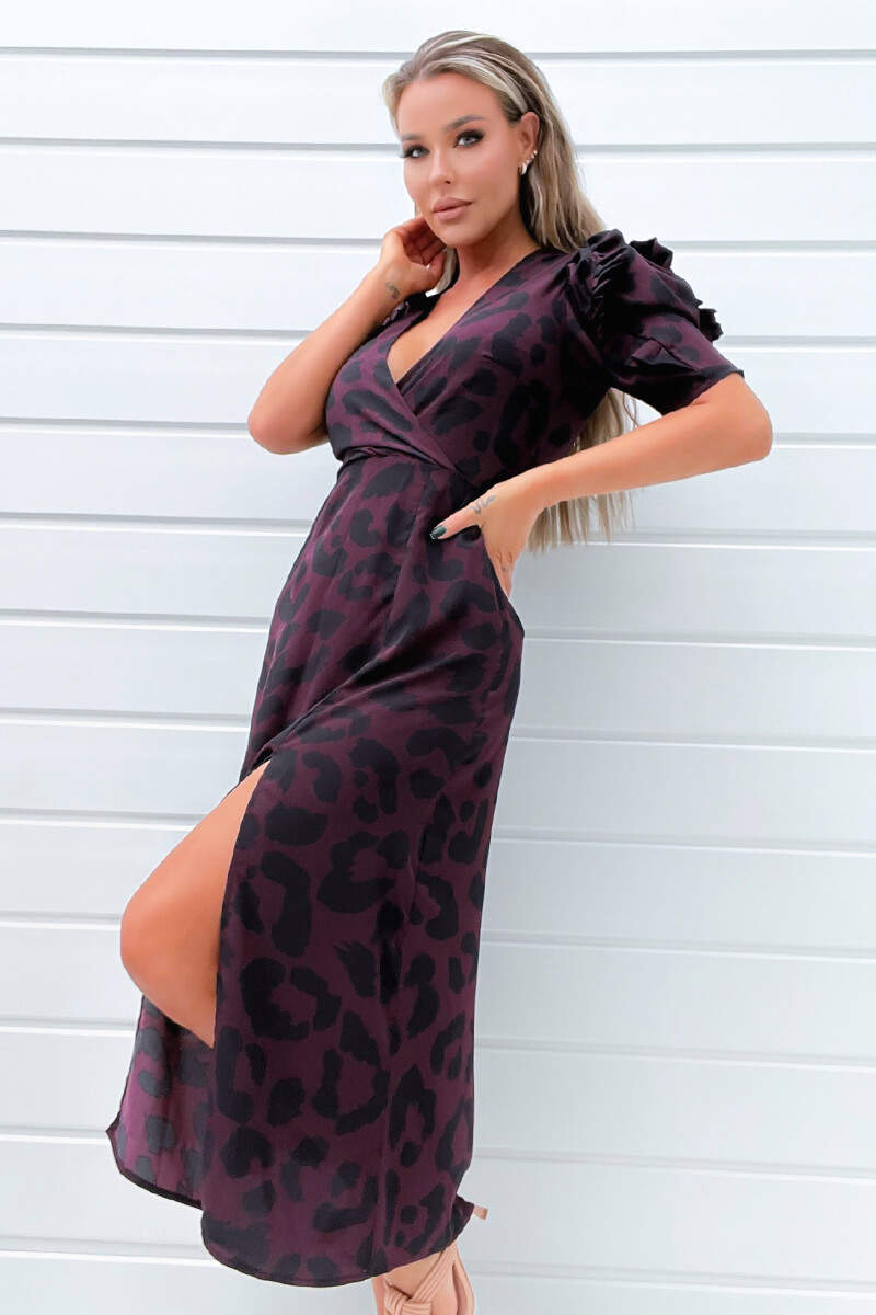 Plum Animal Print Pleated Sleeve Midi Dress