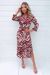 Burgundy Animal Print Button Top Gathered Side Midi Dress