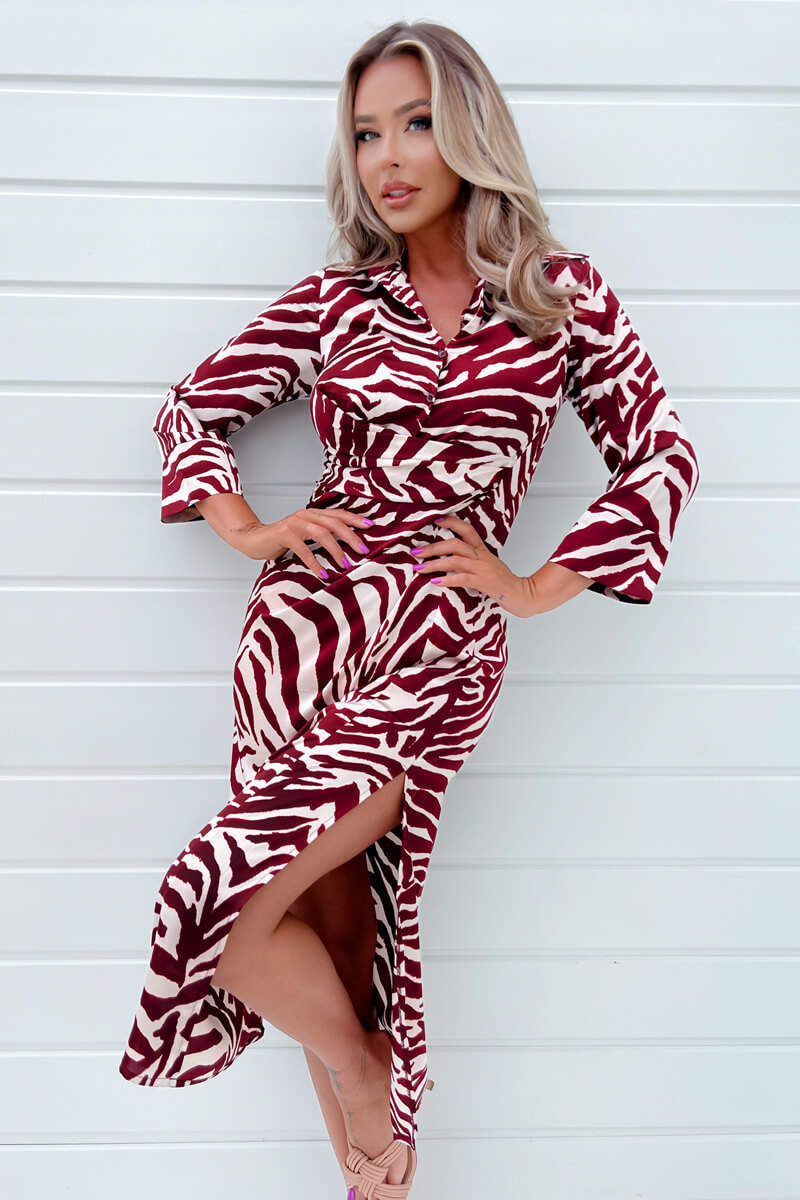 Burgundy Animal Print Button Top Gathered Side Midi Dress