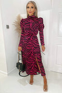 Pink Zebra Print Long Puff Sleeve Midi Dress