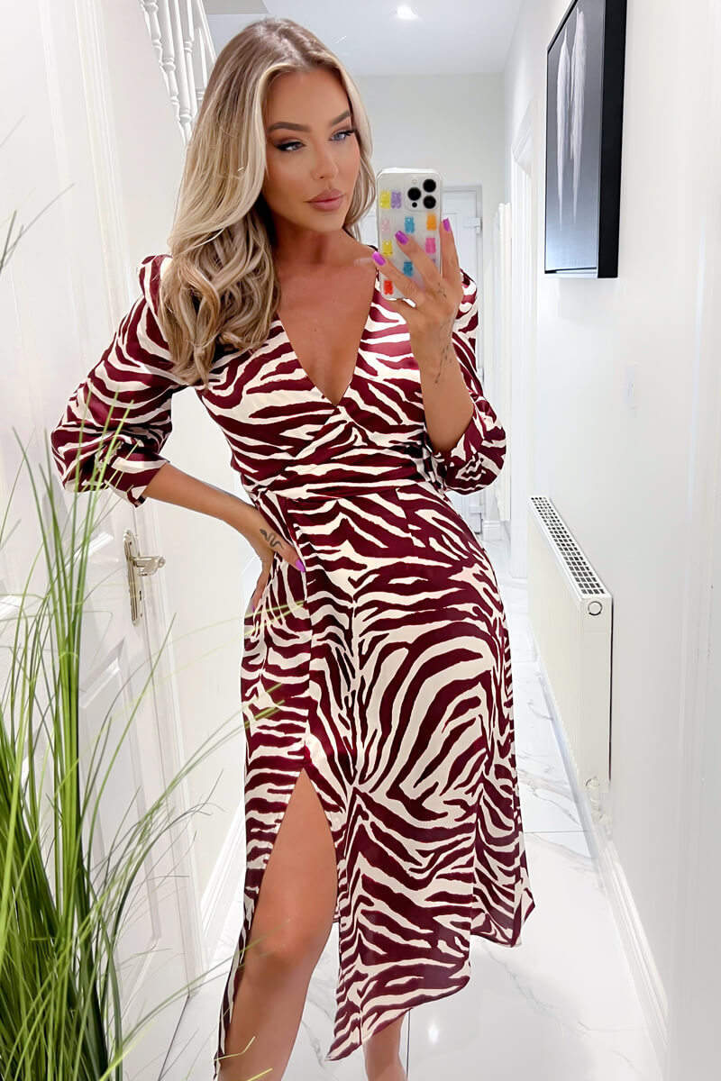 Burgundy Animal Print V Neck Midi Dress With Split AX Paris US Burgundy Animal Print V Neck Midi Dress With Split AX Paris US