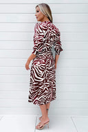 Burgundy Animal Print V Neck Midi Dress With Split