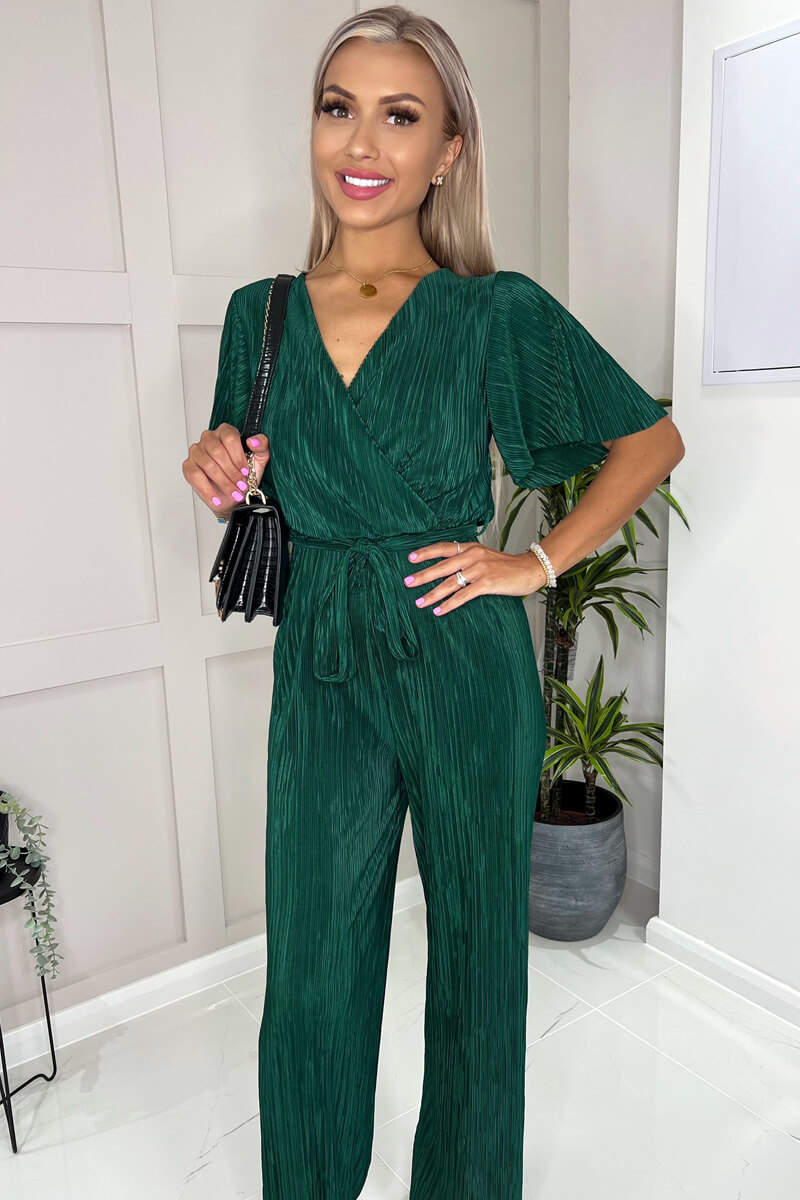 Green Plisse Wrap Top Jumpsuit