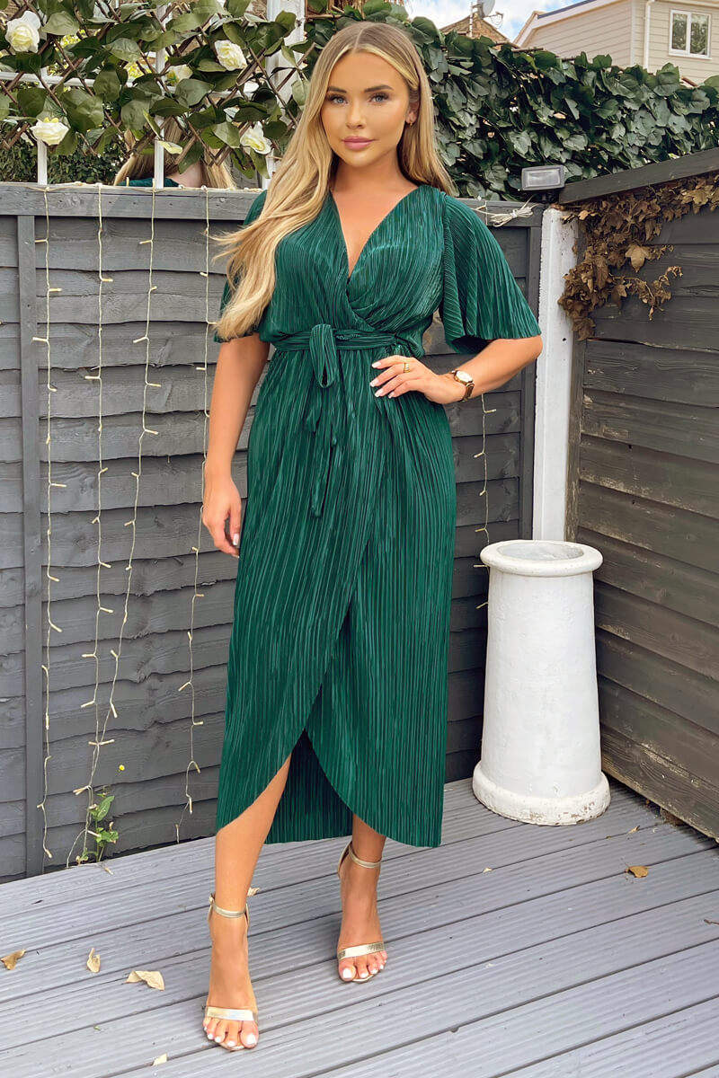 Green Wrap Top Belted Short Sleeve Plisse Midi Dress Green Wrap Top Belted Short Sleeve Plisse Midi Dress