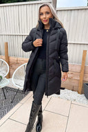 Black Hooded  Long Line Puffer Coat