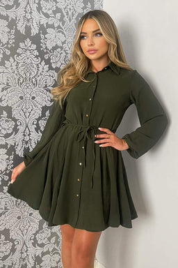 Olive Long Sleeve Belted Pleated Skater Dress