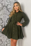 Olive Long Sleeve Belted Pleated Skater Dress