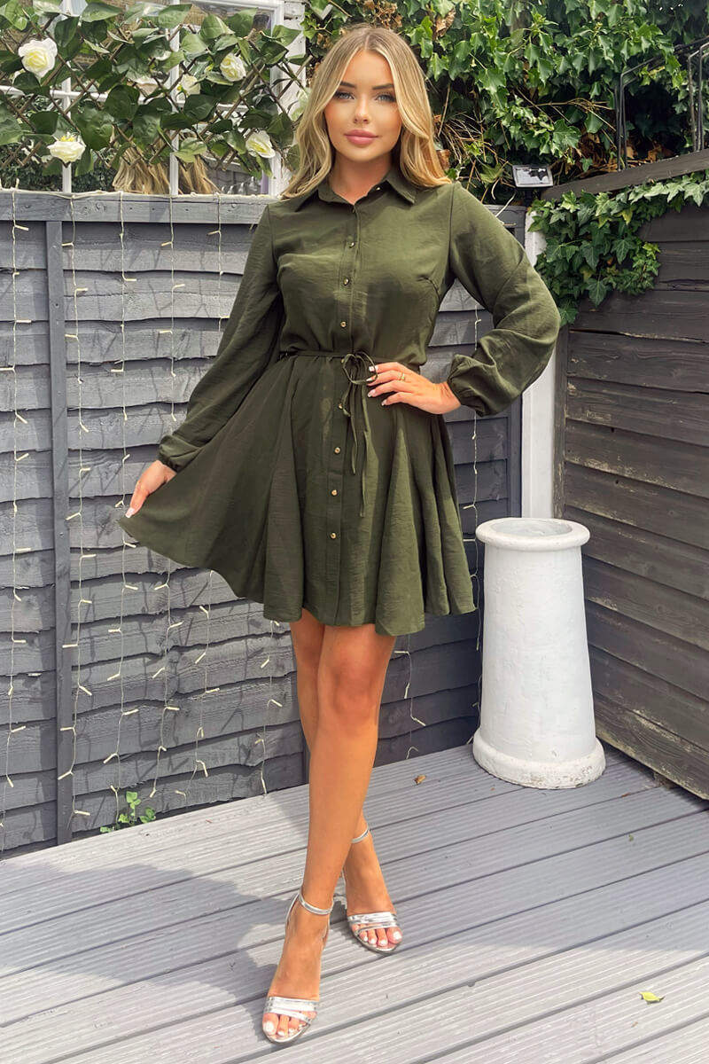 Olive Long Sleeve Belted Pleated Skater Dress