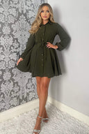 Olive Long Sleeve Belted Pleated Skater Dress