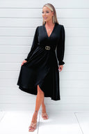 Black Long Sleeve Belted Midi Dress