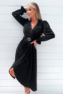 Black Long Sleeve Belted Midi Dress