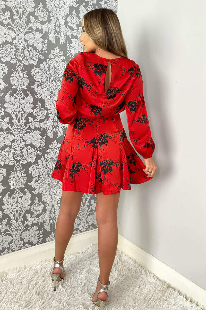 Black And Red Printed Long Sleeve Round Neck Mini Dress