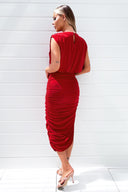 Red Pleated Shoulder Sleeveless Bodycon Dress