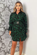 Green Leopard Print Belted Shirt Dress