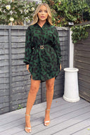 Green Leopard Print Belted Shirt Dress