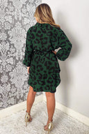 Green Leopard Print Belted Shirt Dress