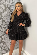 Black And Gold Polka Dot Long Sleeve Frill Hem Mini Dress