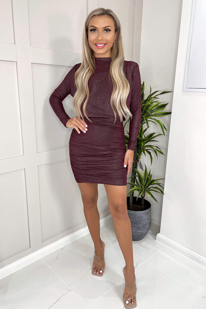 long sleeve shimmer mini dress Plum Long Sleeve Ruched High Neck Shimmer Bodycon Mini Dress – AX Paris US